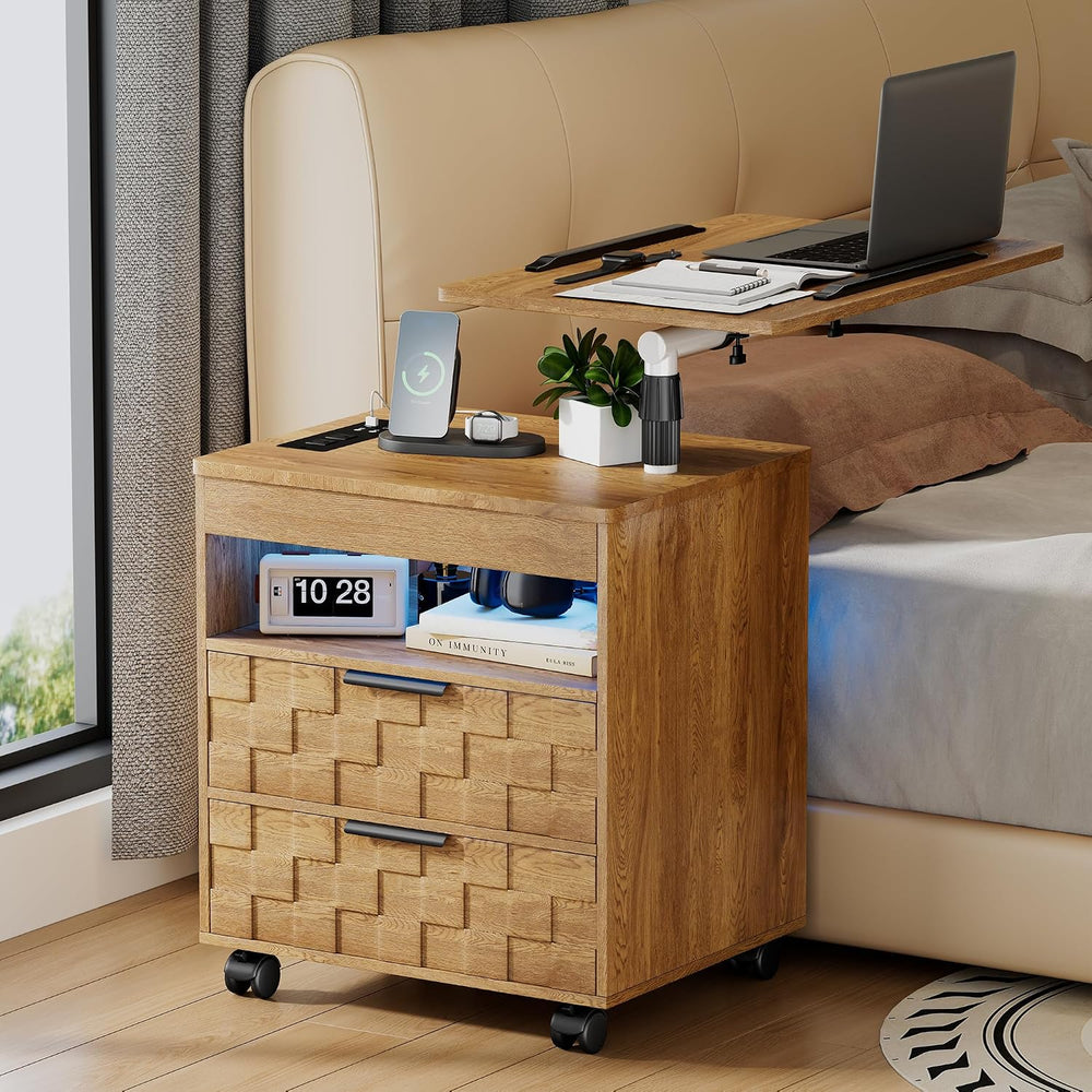 FREDEES Rolling Nightstand with Charging Station, Wheels