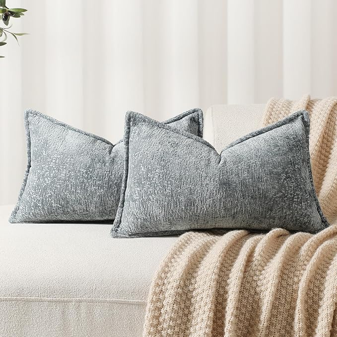 Pack of 2 Dusty Blue Decorative Throw Pillow Covers 12x20 Cozy Soft Chenille by DEZENE