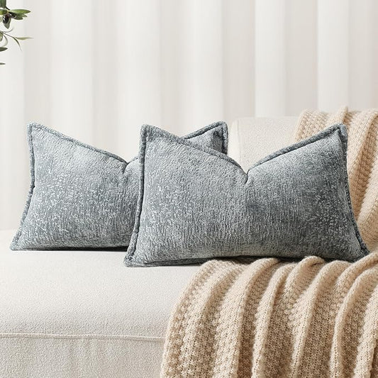 Pack of 2 Dusty Blue Decorative Throw Pillow Covers 12x20 Cozy Soft Chenille by DEZENE