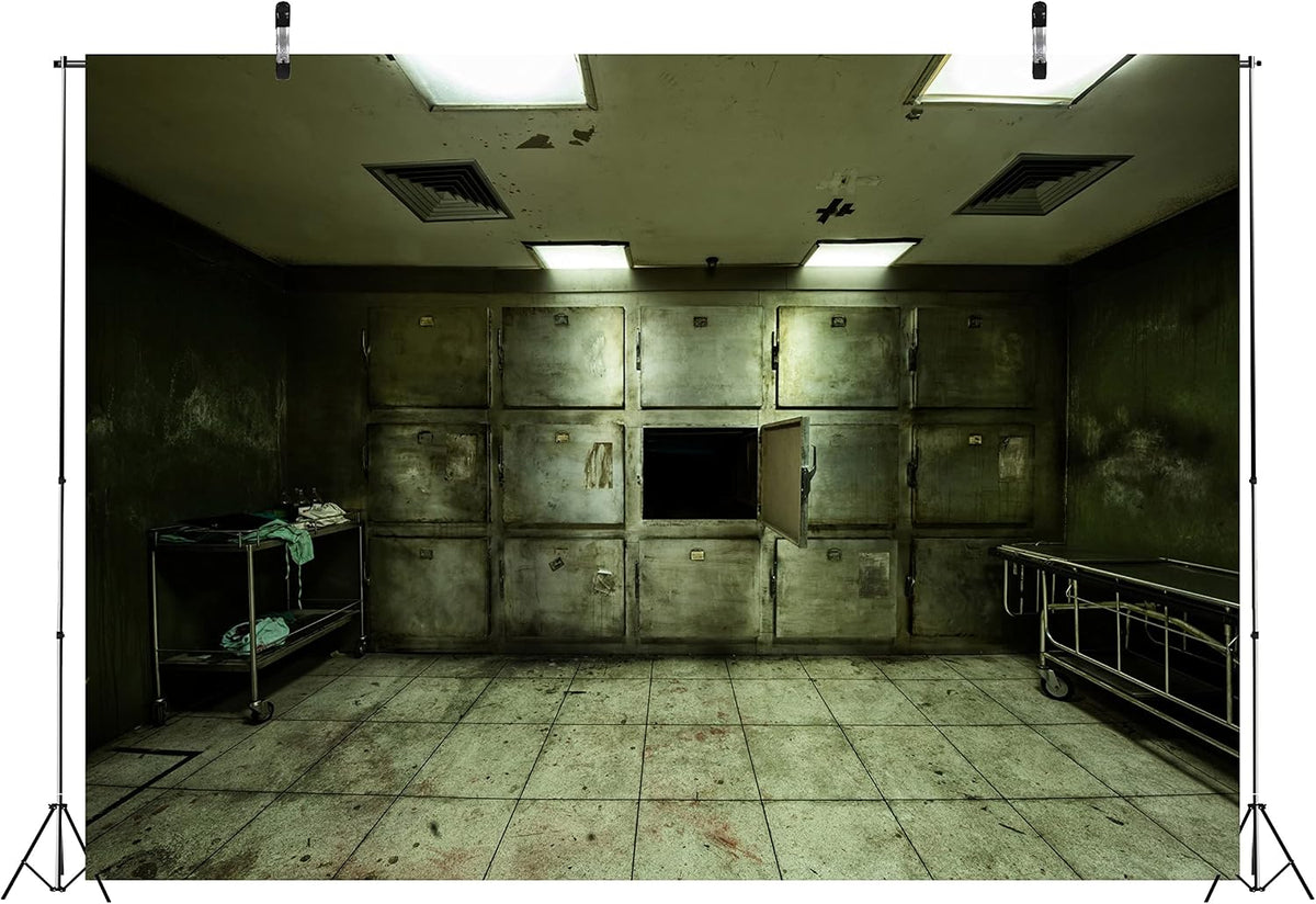 BELECO Old Abandoned Hospital Backdrop Fabric 9x6ft Gloomy Hospital Morgue Interior Tattered Lockers Bloodstains Sickbed Background Horrible Halloween Party Decorations Portraits Photo Studio Props