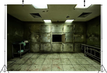 BELECO Old Abandoned Hospital Backdrop Fabric 9x6ft Gloomy Hospital Morgue Interior Tattered Lockers Bloodstains Sickbed Background Horrible Halloween Party Decorations Portraits Photo Studio Props