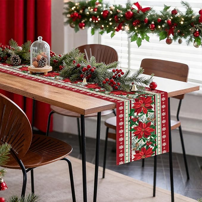OTOSTAR Snow Holly Pinecone Christmas Red Flower Table Runner, Xmas Seasonal - Image 7