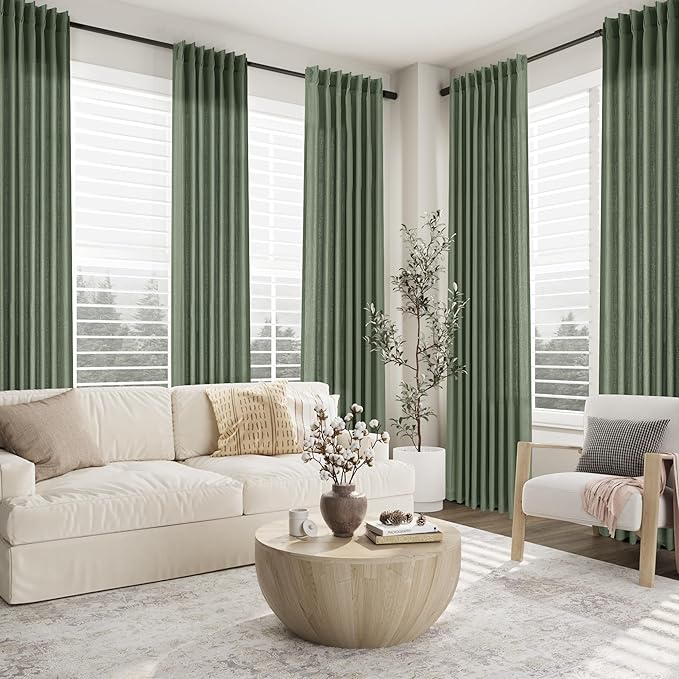Olive Green Pinch Pleat Linen Curtains 80 Inch Length 2 Panels Set - Image 6