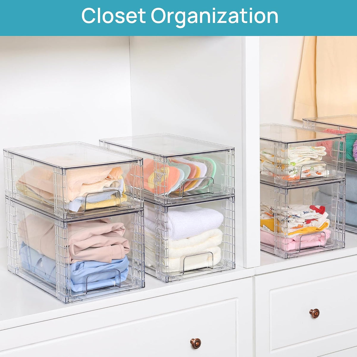 vtopmart 4 pack large stackable storage drawers, clear, side view