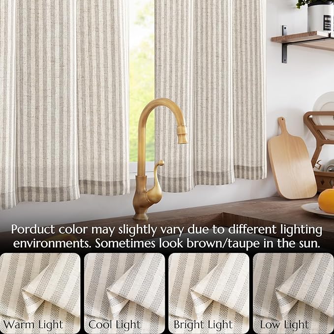 jinchan Tab Top Linen Kitchen Curtains 36 Inches Striped Tier Curtains - Image 6