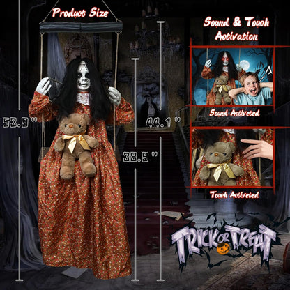 Scary Halloween Decorations Outdoor, Halloween Hanging Swinging Girl Ghots Decor with Creepy Sound and Light Up Eyes Sound, Creepy Props for Yard Trees Graveyard Haunted House Indoor Outside