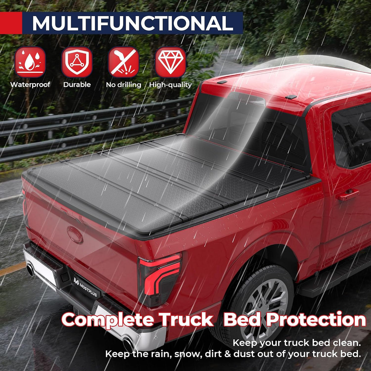 mostplus 5.5ft quad fold hard truck bed tonneau, side view