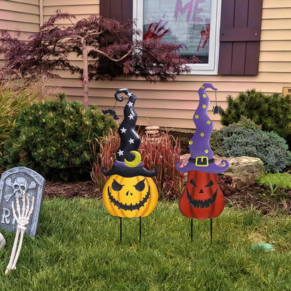 Halloween Garden Stakes - 2 Pack Stacked Metal Pumpkins with Witch Hat