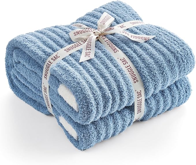 Snuggle Sac Fluffy Ribbed Blue Bedding Blanket Twin Size, Soft Luxurious Knit - Image 2