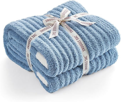 Snuggle Sac Fluffy Ribbed Blue Bedding Blanket Twin Size, Soft Luxurious Knit - Image 2