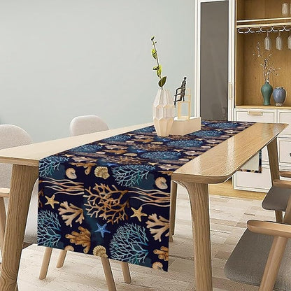 Ocean Coastal Table Runner, Coral Shell Starfish Seaside Nautical Beach Navy - Image 7