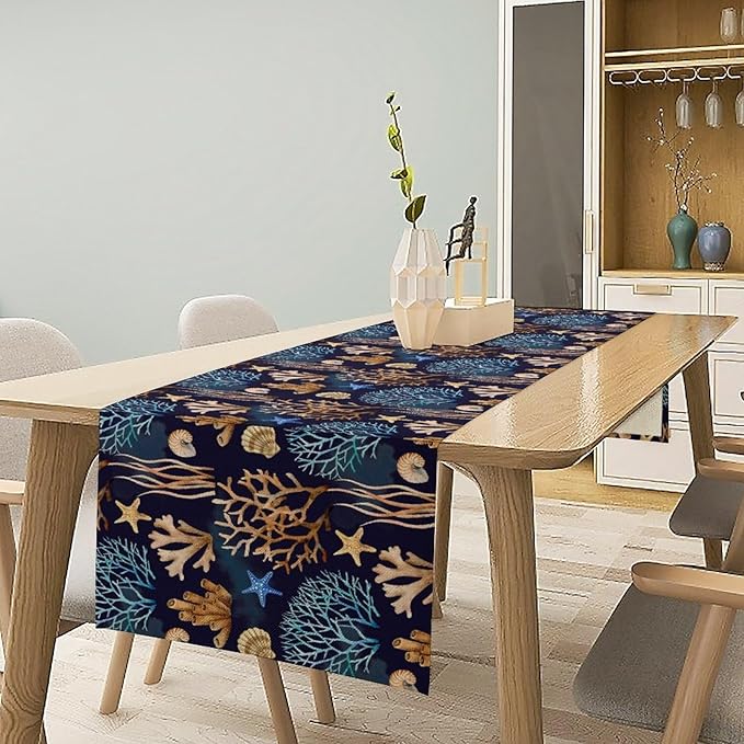 Ocean Coastal Table Runner, Coral Shell Starfish Seaside Nautical Beach Navy - Image 7