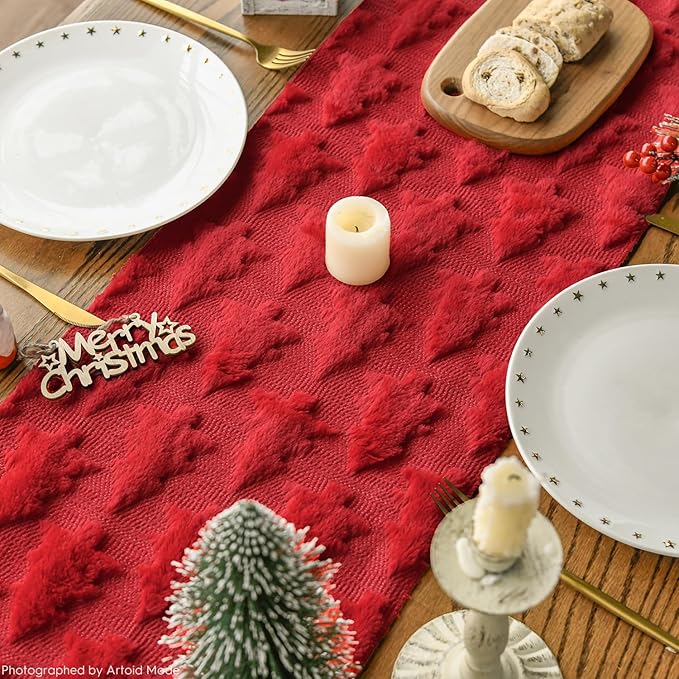 Artoid Mode Christmas Trees Red Soft Plush Faux Fur Jacquard Christmas Table - Image 4