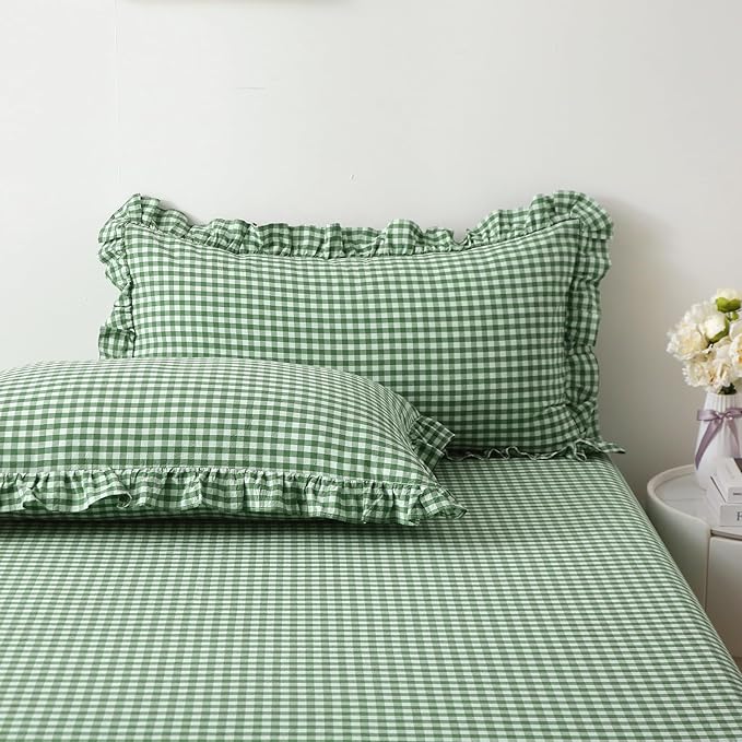 2 Pack Christmas Green White Plaid Ruffle Gingham Pillow Shams Standard Size - Image 7