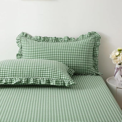 2 Pack Christmas Green White Plaid Ruffle Gingham Pillow Shams Standard Size - Image 7
