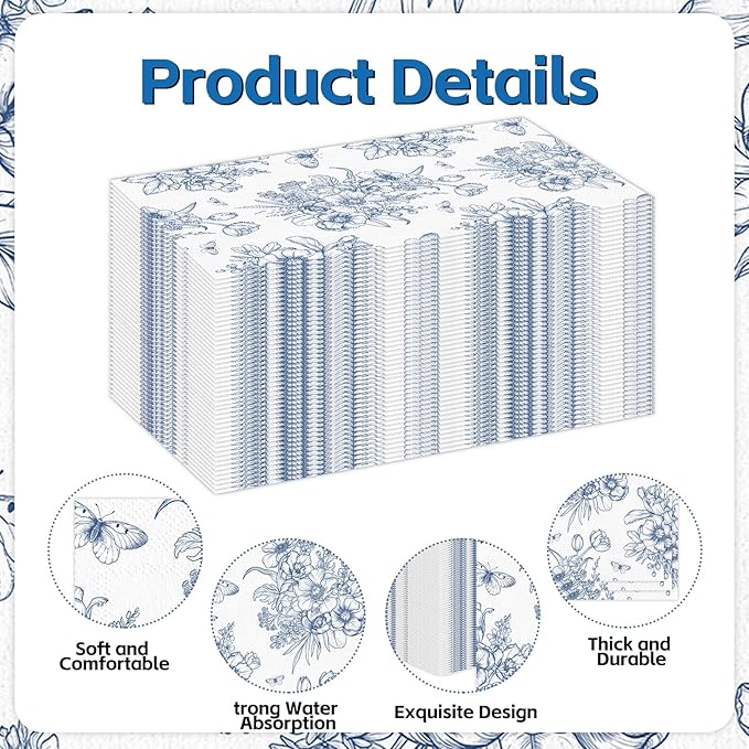 100 PCS Blue Floral Paper Napkins, Disposable Blue & White Flowers Bathroom - Image 3