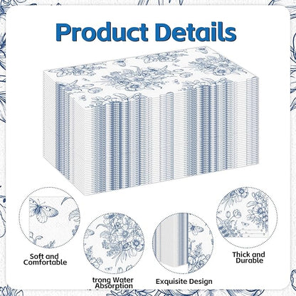 100 PCS Blue Floral Paper Napkins, Disposable Blue & White Flowers Bathroom - Image 3