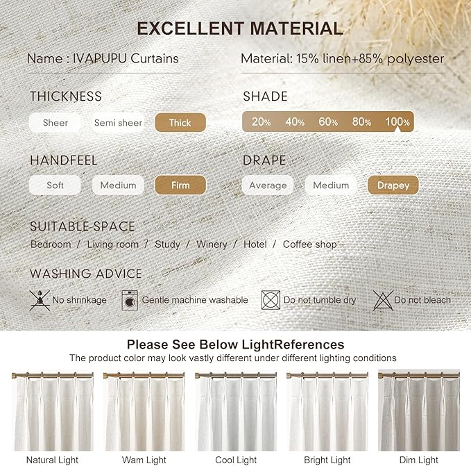 IVAPUPU Natural Linen Blend Pinch Pleated Blackout Curtains - Image 6