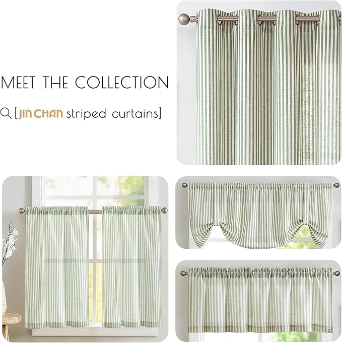 jinchan Tie Top Linen Kitchen Curtains 36 Inches Striped Tier Curtains - Image 8