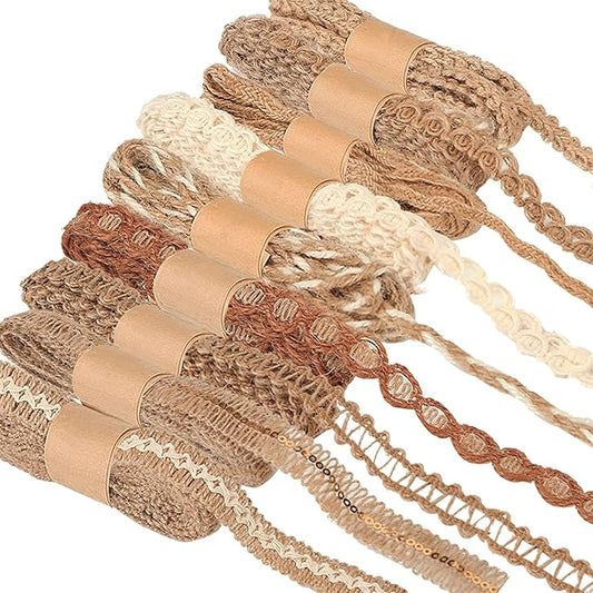 9 Rolls Natural Burlap Lace Ribbon Trim, 18 Meters Jute Craft Ribbon by starfa+lab