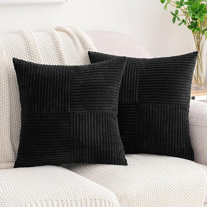 HWY 50 Black Corduroy Patchwork Throw Pillow Covers 18x18 Inch, Soft Cozy by HWY50