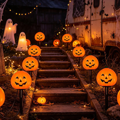 2 Sets 7Ft Halloween Pathway Lights Outdoor Pumpkin Stake Light with 4 Jack-O Lantern Pumpkin Lights and 4 Stakes for Halloween Decorations Outdoor Walkway Pathway Driveway Garden Yard Lawn Light