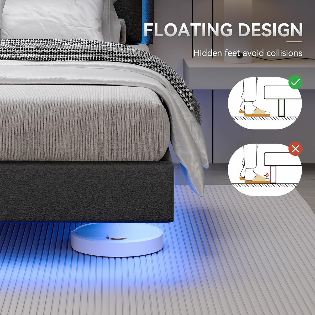 immerstable full size floating bed frame with led showing dimensions