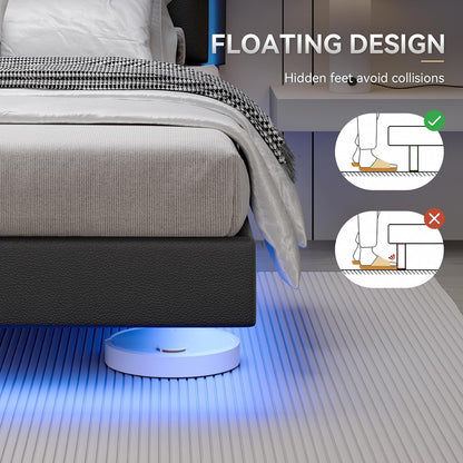immerstable full size floating bed frame with led showing dimensions