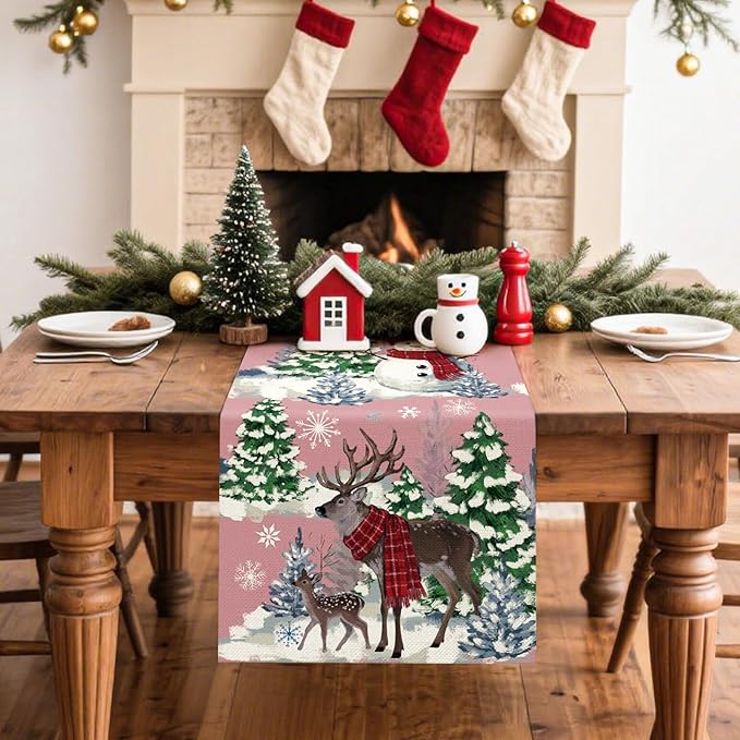Artscope Reindeer Snowman Christmas Tree Table Runner, Xmas Winter Snowflakes - Image 2