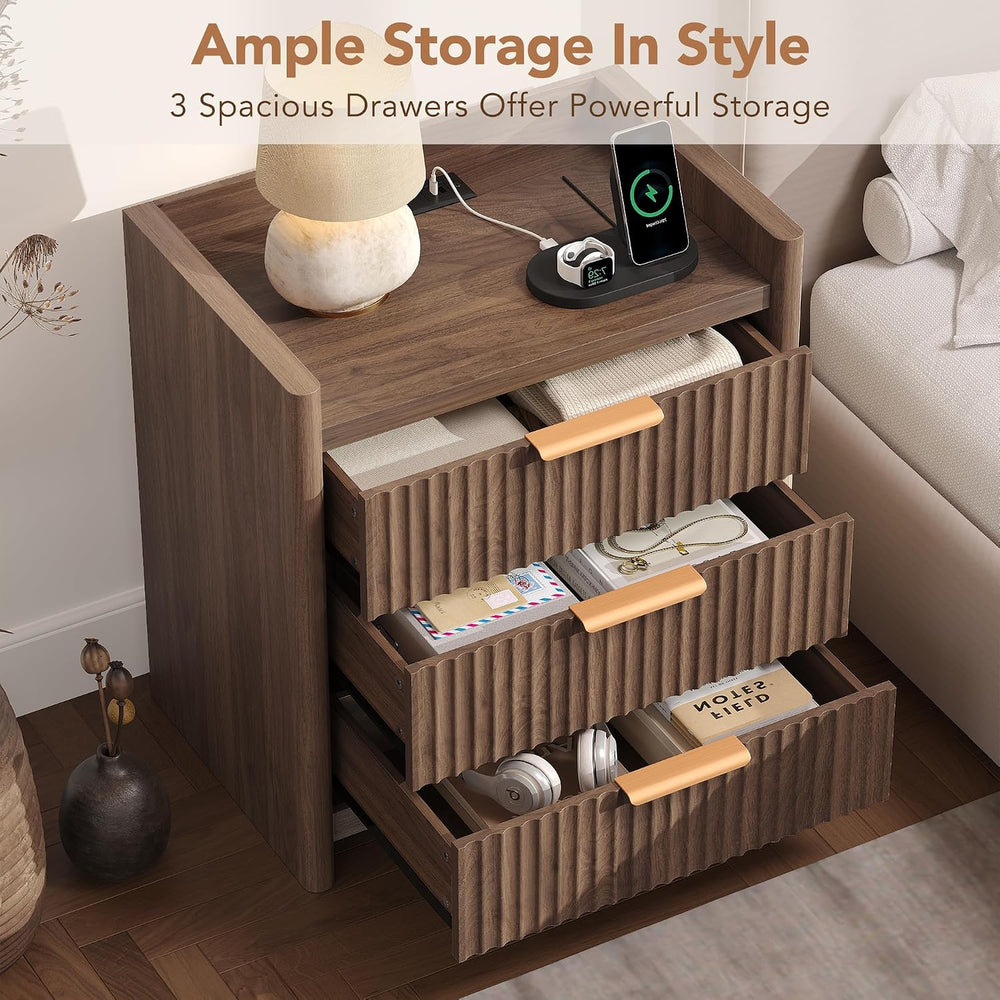 25.9" Fluted Nightstand with Charging Station, Large Bedside Table with ...