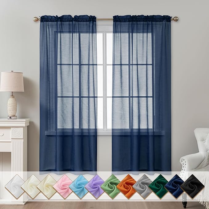 Navy Blue Sheer Curtains 72 Inches Long, Privacy Semi Sheer Curtains by ABLUEN
