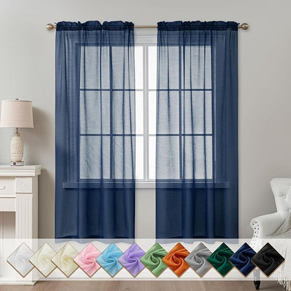 Navy Blue Sheer Curtains 72 Inches Long, Privacy Semi Sheer Curtains by ABLUEN