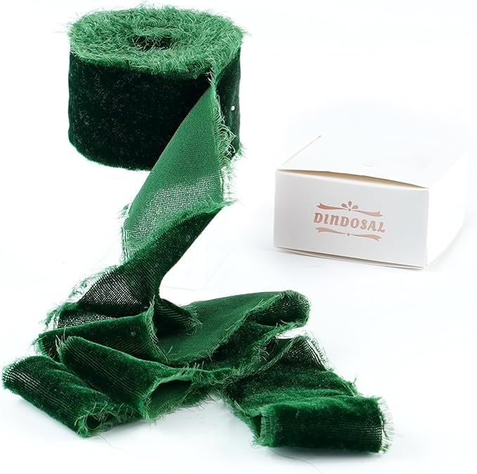 Dark Green Velvet Ribbon for Christmas Tree Decorations Frayed Silk Velvet by DINDOSAL