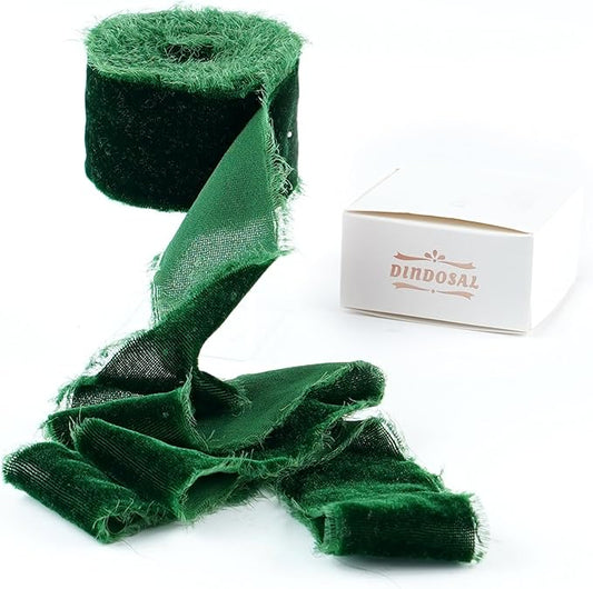 Dark Green Velvet Ribbon for Christmas Tree Decorations Frayed Silk Velvet by DINDOSAL