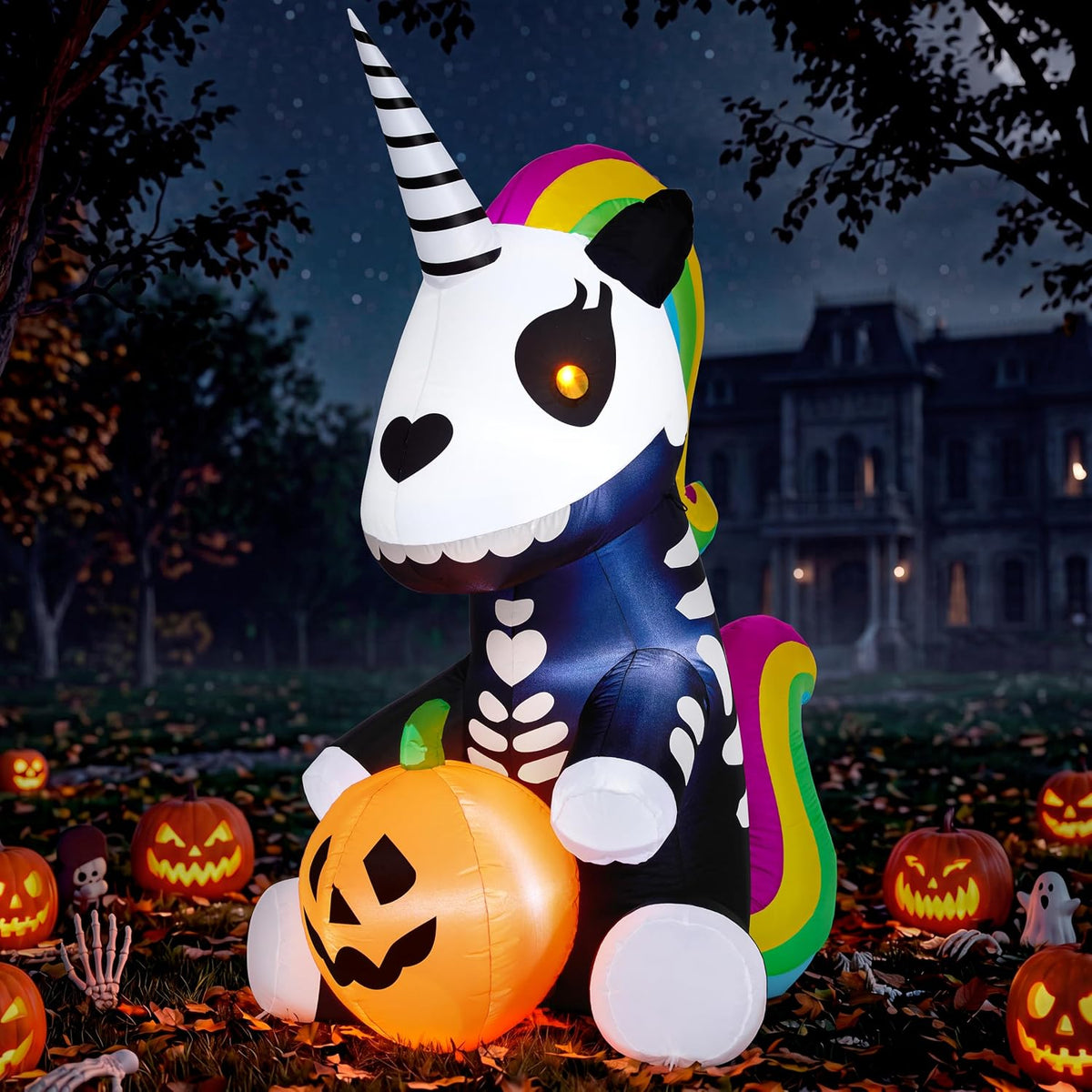 Joiedomi 5 FT Halloween Inflatable Sitting Skeleton Unicorn with LED Lights, Blow Up Outdoor Decoration for Yard, Garden, Lawn, Haunted House Halloween Party Outside Decor