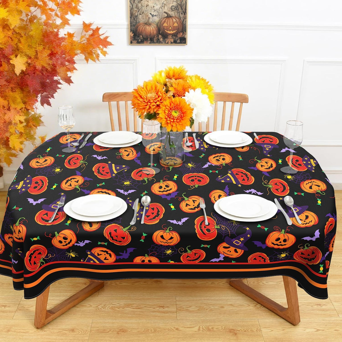 Halloween Oval Tablecloth 60x120 Inch Waterproof Bat Pumpkin Tablecloth Halloween Washable Table Cloth for Party Picnic Dinner Scary Home Decor