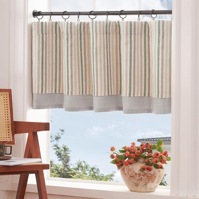 jinchan Colorful Striped Linen Double Layer Valance Christmas Pinstripe Cafe - Image 3