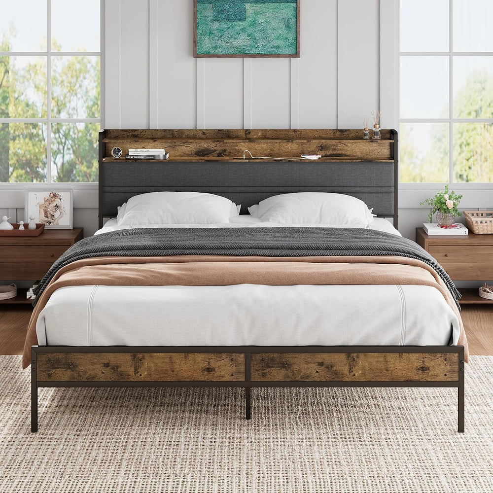 GRUSIGN Full Size Bed Frame with LED Light Storage Headboard and Charging Sta...