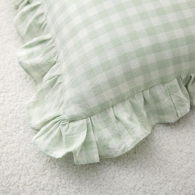 2 Pack Pile Green White Plaid Ruffle Gingham Lumbar Throw Pillow Covers - Image 7