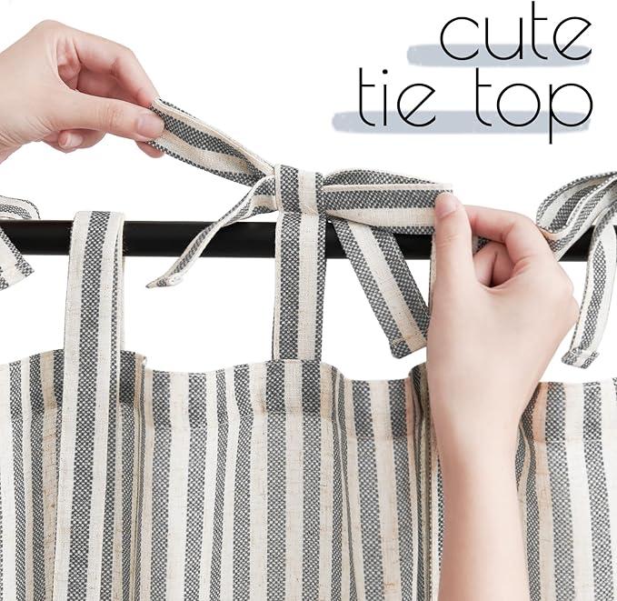 JINCHAN Tie Top Linen Kitchen Curtains 36 Inch Striped Tier Curtains Farmhouse - Image 2