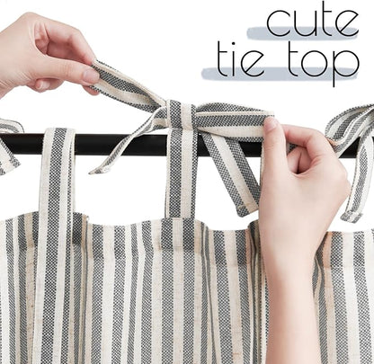 JINCHAN Tie Top Linen Kitchen Curtains 36 Inch Striped Tier Curtains Farmhouse - Image 2
