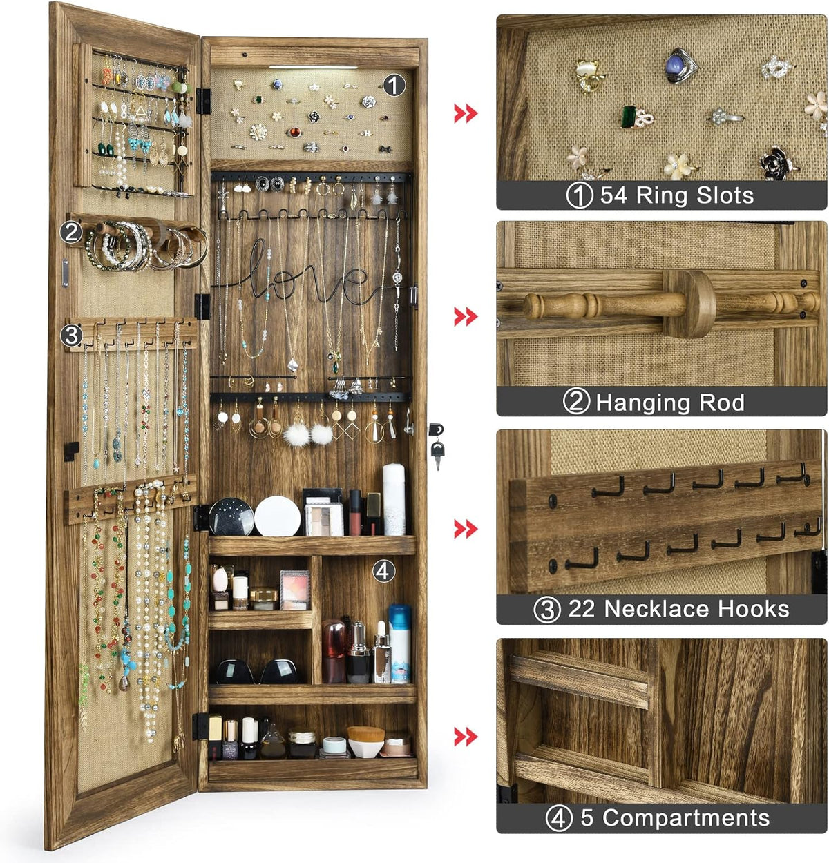 sriwatana jewelry cabinet with mirror, lockable door, carbonized showing dimensions