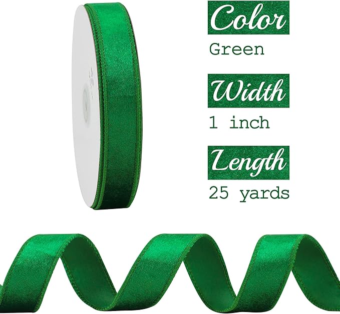 MEEDEE Emerald Green Velvet 1 Inch Green Wired Ribbon 25 Yards Crushed - Image 2