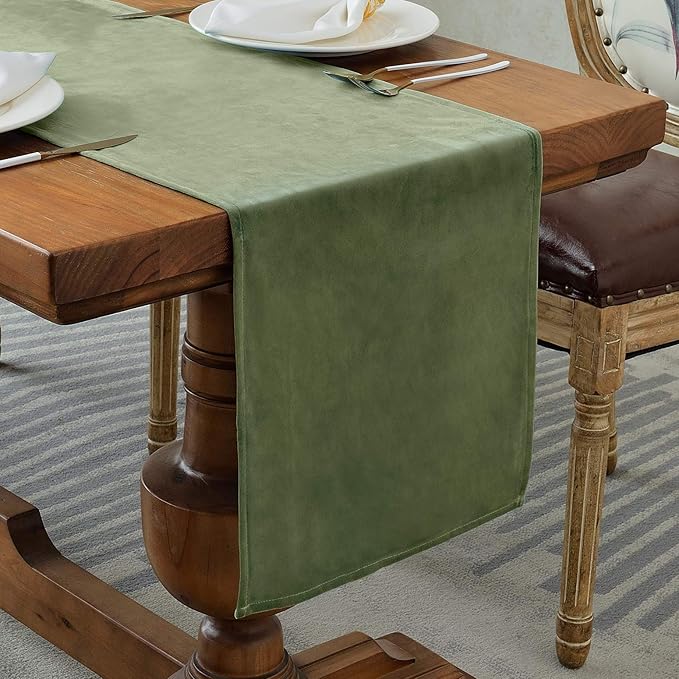 BALCONY & FALCON Velvet Table Runner 14"x51" Olive Luxury Machine Washable by BALCONYFALCON
