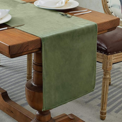 BALCONY & FALCON Velvet Table Runner 14"x51" Olive Luxury Machine Washable by BALCONYFALCON