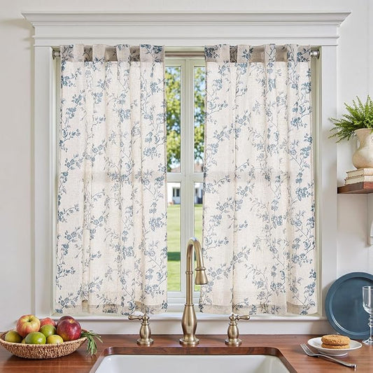 jinchan Floral Kitchen Curtains 45 Inch Linen Tier Curtains Farmhouse Cafe Half by JINCHAN