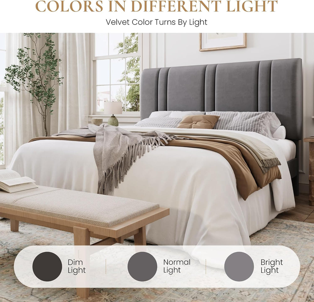 SHA CERLIN Queen Size Velvet Bed Frame with Adjustable Headboard, Grey