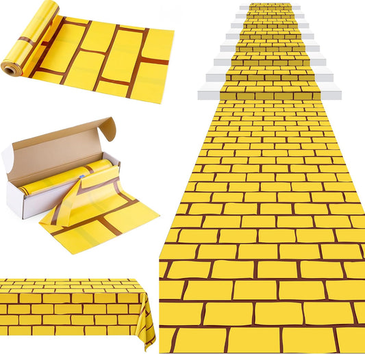Aneco 120 Ft x 54 Inch Yellow Brick Road Tablecloth Roll with Cutter Box Disposable Brick Stone Wall Plastic Table Cover Floor Runner Backdrops for Halloween Medieval Wizard Party Decoration