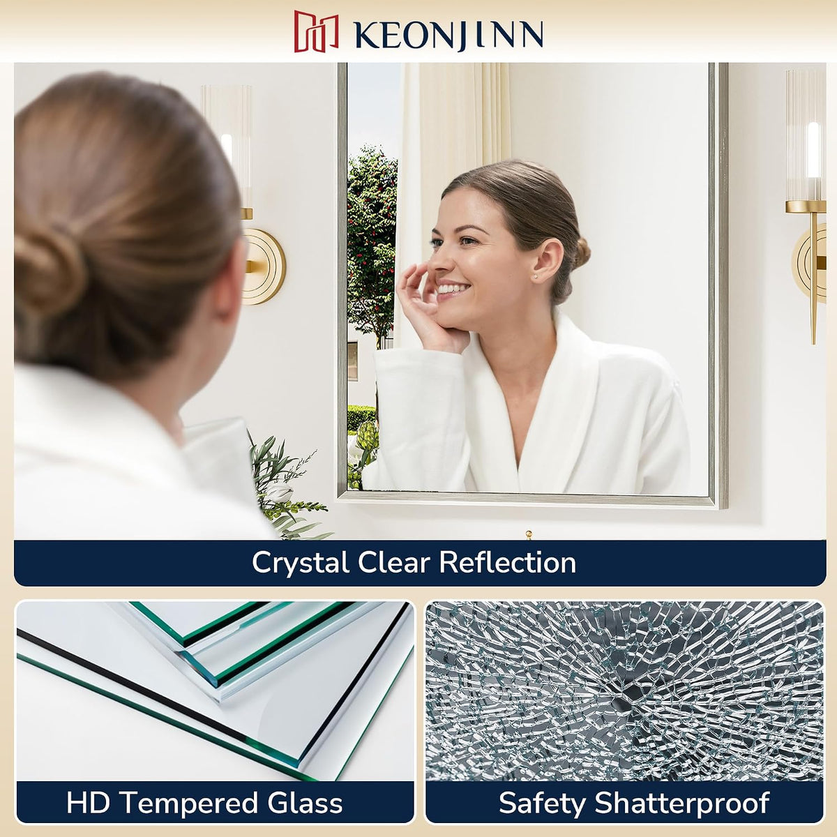 keonjinn 22 x 30 inch brushed nickel bathroom, close-up detail