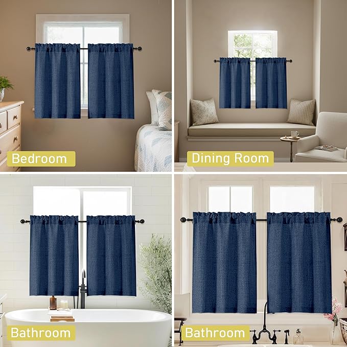 Navy Blue Kitchen Curtains 45 Inch Length 2 Panels, Light Filtering Faux Linen - Image 6